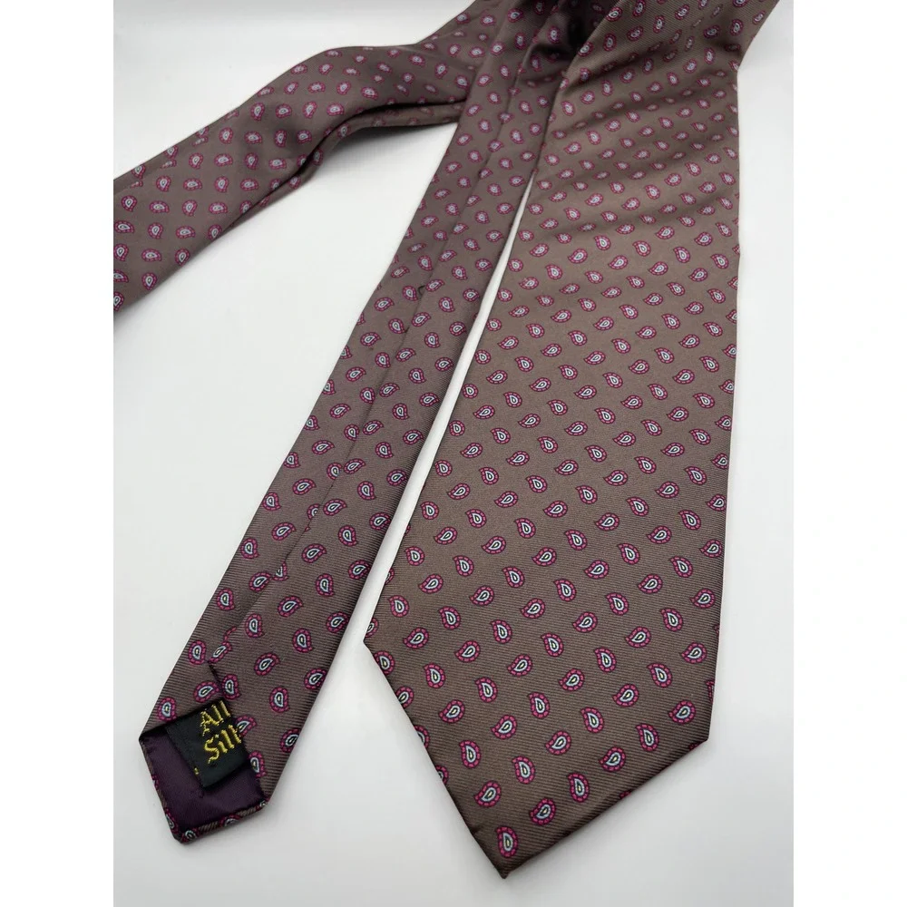 Steven Windsor Mens Silk Tie Taupe Brown Pink Teal Micro Paisley Pattern USA